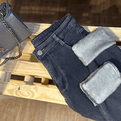 Pantalón Jeans Femenino con Elastano Forrado Forglows + Medias Térmicas